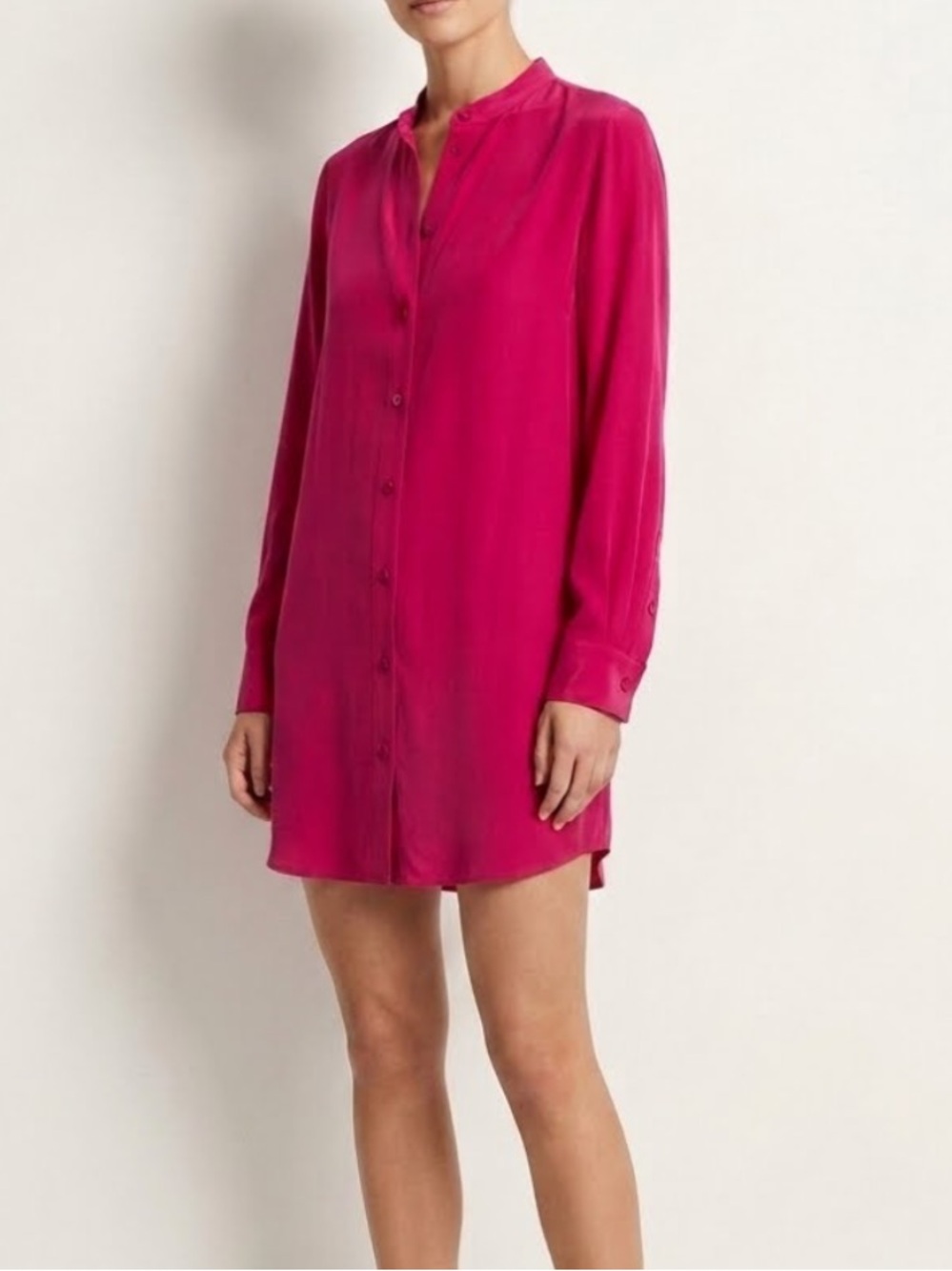 VINTAGE Marianna Fuscia Silk Button Down Mock Neck Tunic Mini Shirt Dress Size 6
